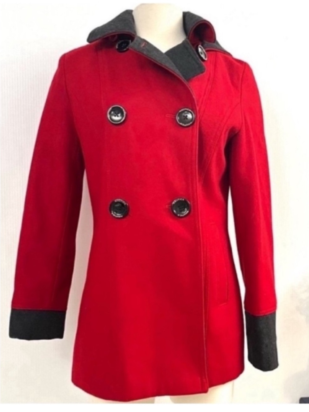 Nautica Wool Blend Red Double-Breasted Peacoat with Dark Gray Trim Size S